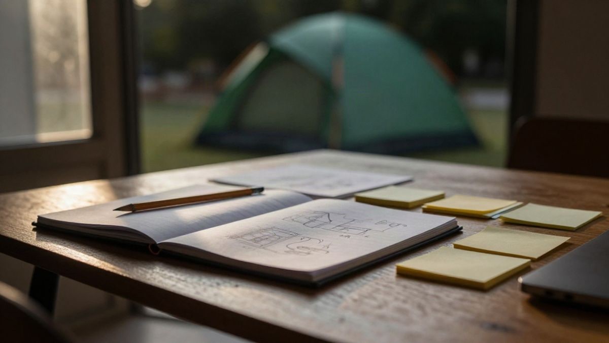 Imagen ilustrativa: mesa de madera con cuaderno, lápices y notas adhesivas junto a una ventana al atardecer