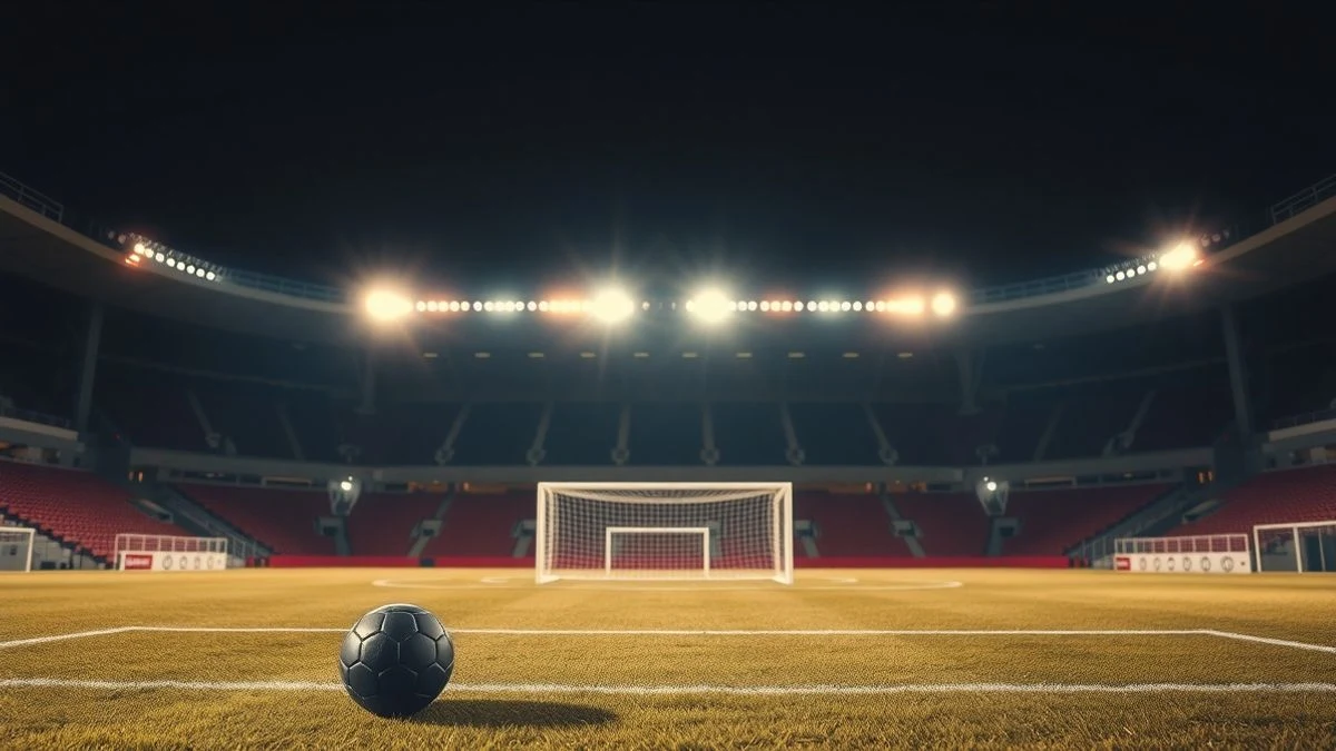 Imagen ilustrativa: un estadio de fútbol vacío de noche, con los focos encendidos y un balón sobre el césped junto al área de penalti.