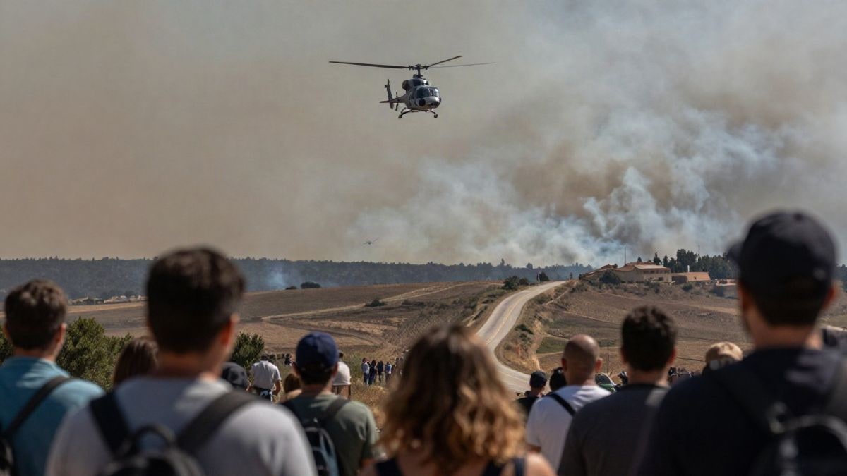 Imagen ilustrativa: grupo de personas de espaldas con camisetas negras en una colina, con un helicóptero sobrevolando y humo de incendio al fondo