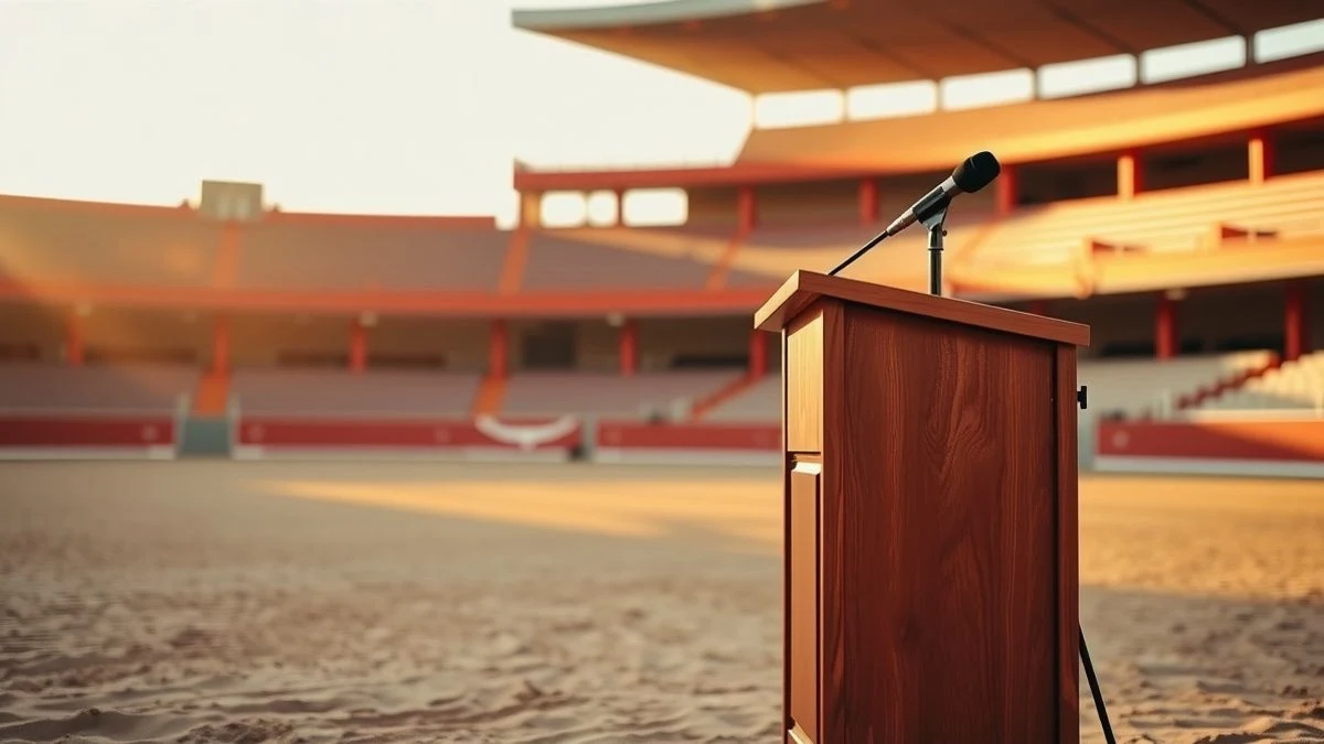 Imagen ilustrativa: un atril de madera sobre la arena de una plaza de toros vacía al atardecer