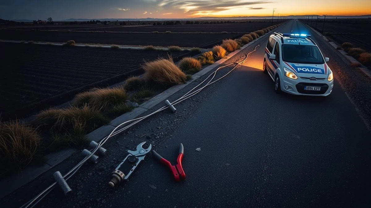 Imagen ilustrativa: vista aérea de un paisaje rural al atardecer con un tramo de cable telefónico cortado en el suelo y un coche policial al fondo con luces azules.