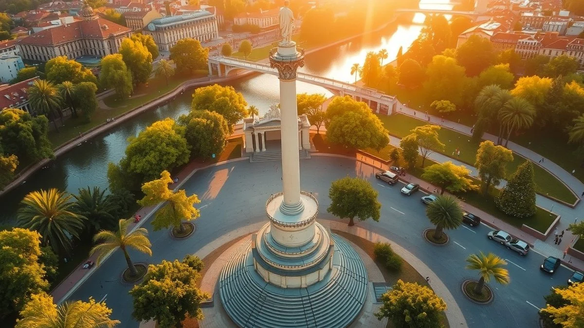 Imagen ilustrativa: vista cenital de un monumento con escalera de caracol en un entorno arbolado junto a un río.