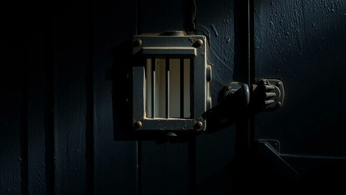 Imagen ilustrativa: detalle de una puerta de prisión de metal con ventana de rejas, textura rugosa y sombras dramáticas, ambiente sombrío y documental.
