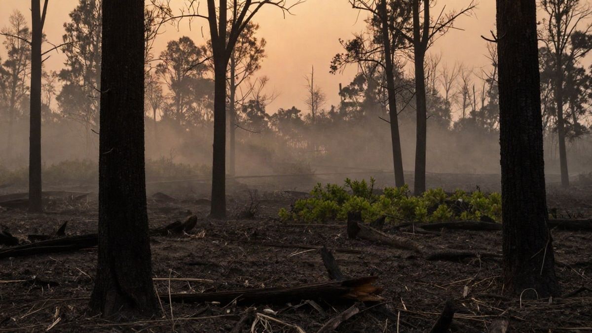 Imagen ilustrativa: un bosque quemado al atardecer con troncos carbonizados y un pequeño rodal verde al fondo