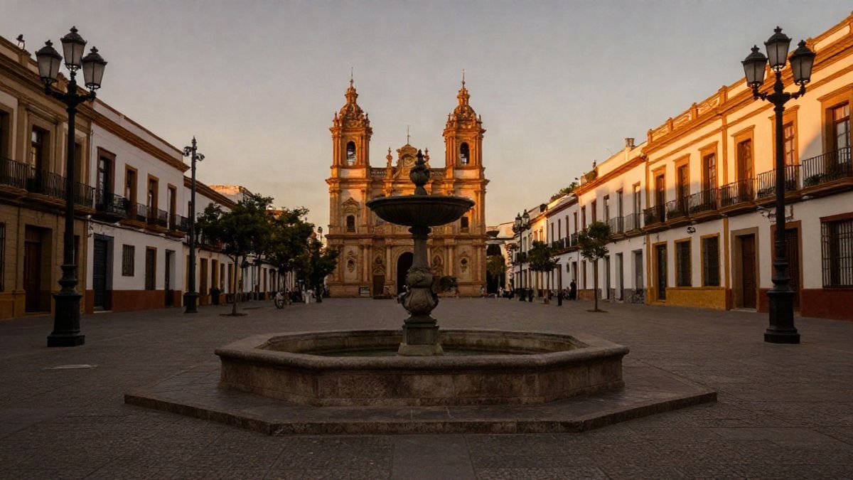 Imagen ilustrativa: plaza española con fuente antigua y farolas al atardecer