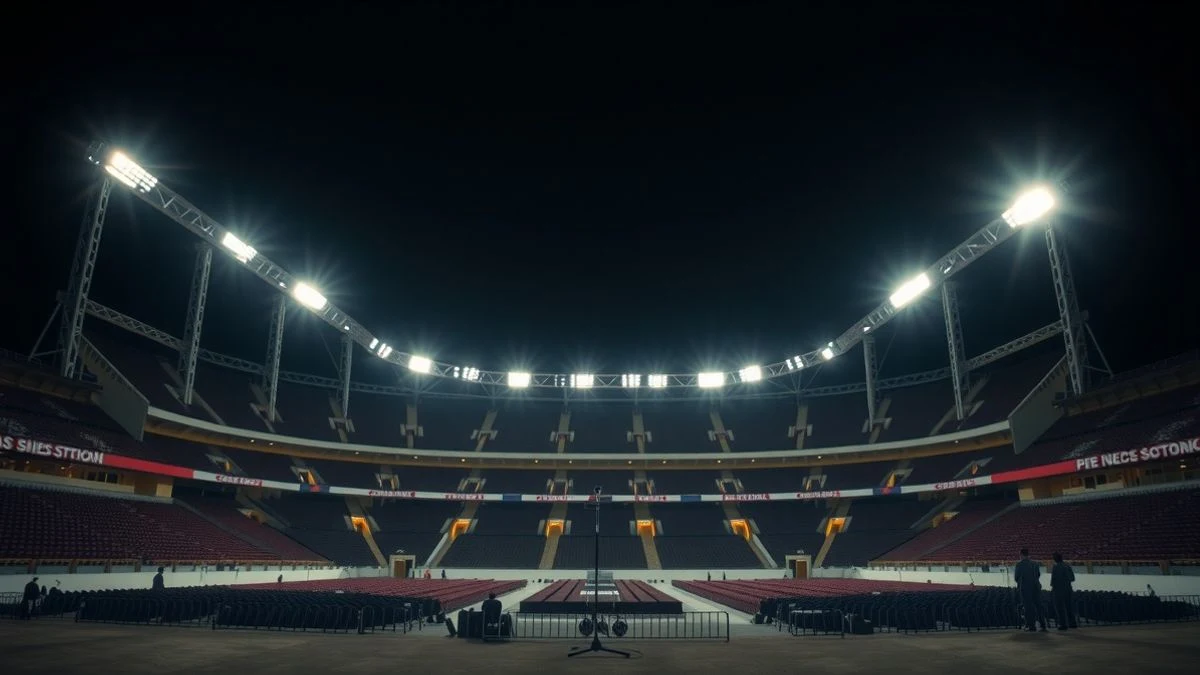 Imagen ilustrativa: un escenario vacío iluminado en un estadio al aire libre durante la noche, con focos y luces de colores.