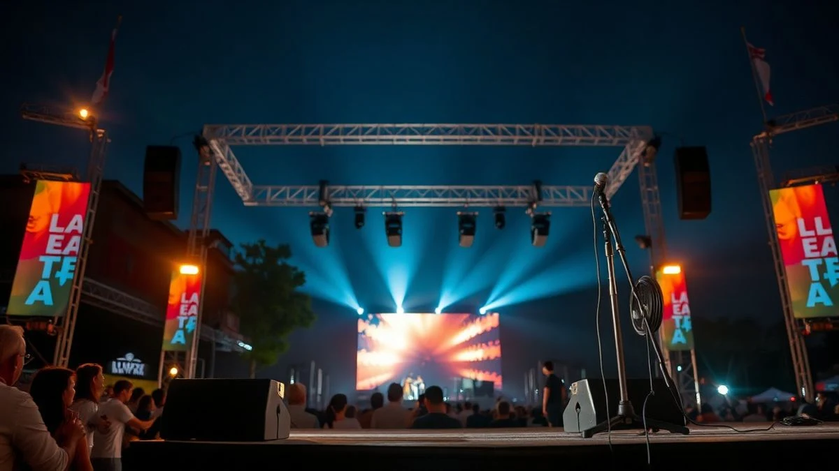 Imagen ilustrativa: escenario de concierto al aire libre iluminado con luces de colores y público de espaldas