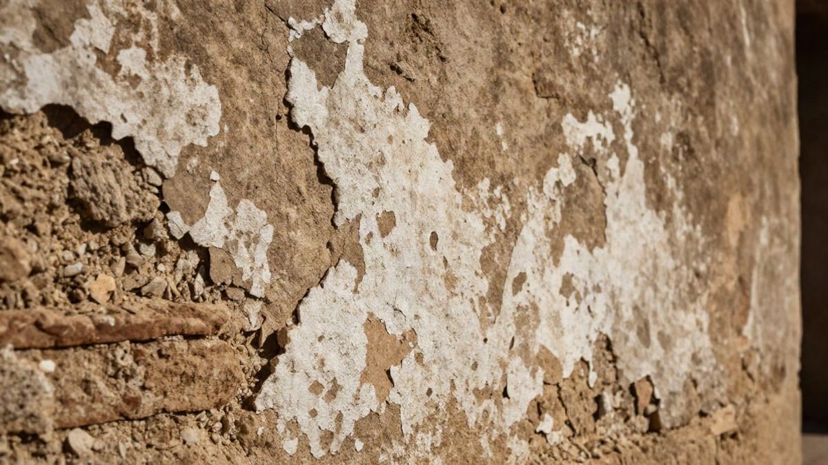 Imagen ilustrativa: detalle de un muro antiguo de mortero de cal con desconchados y manchas de humedad a contraluz