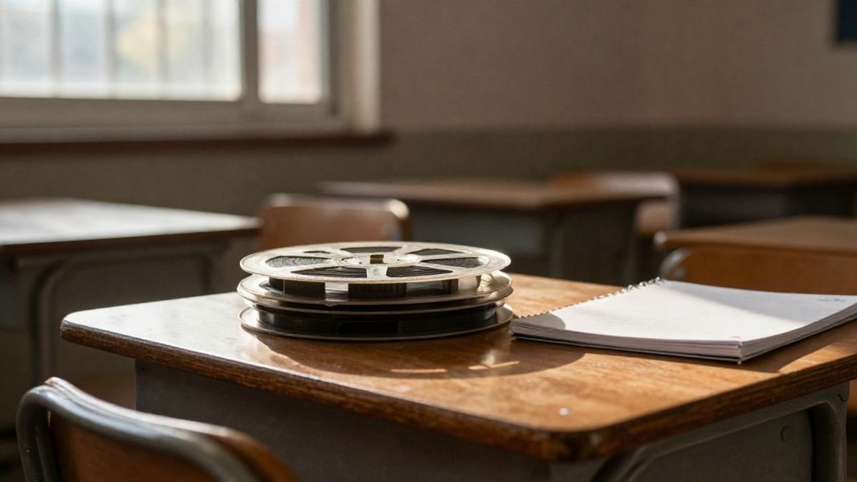 Imagen ilustrativa: detalle de una mesa de aula con rollos de película y un cuaderno