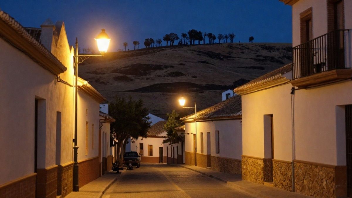 Imagen ilustrativa: calle rural iluminada por farolas de noche, con una ladera seca y árboles quemados al fondo