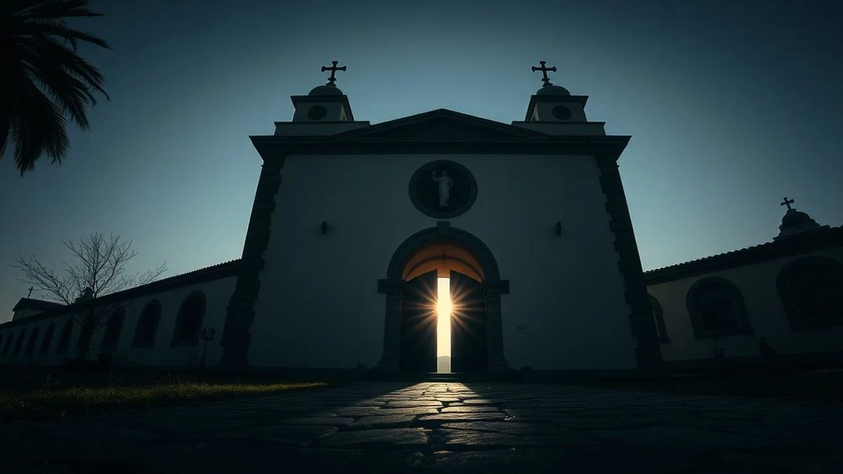 Fachada del Santuario del Rocío al amanecer, con cielo azul y luz dorada