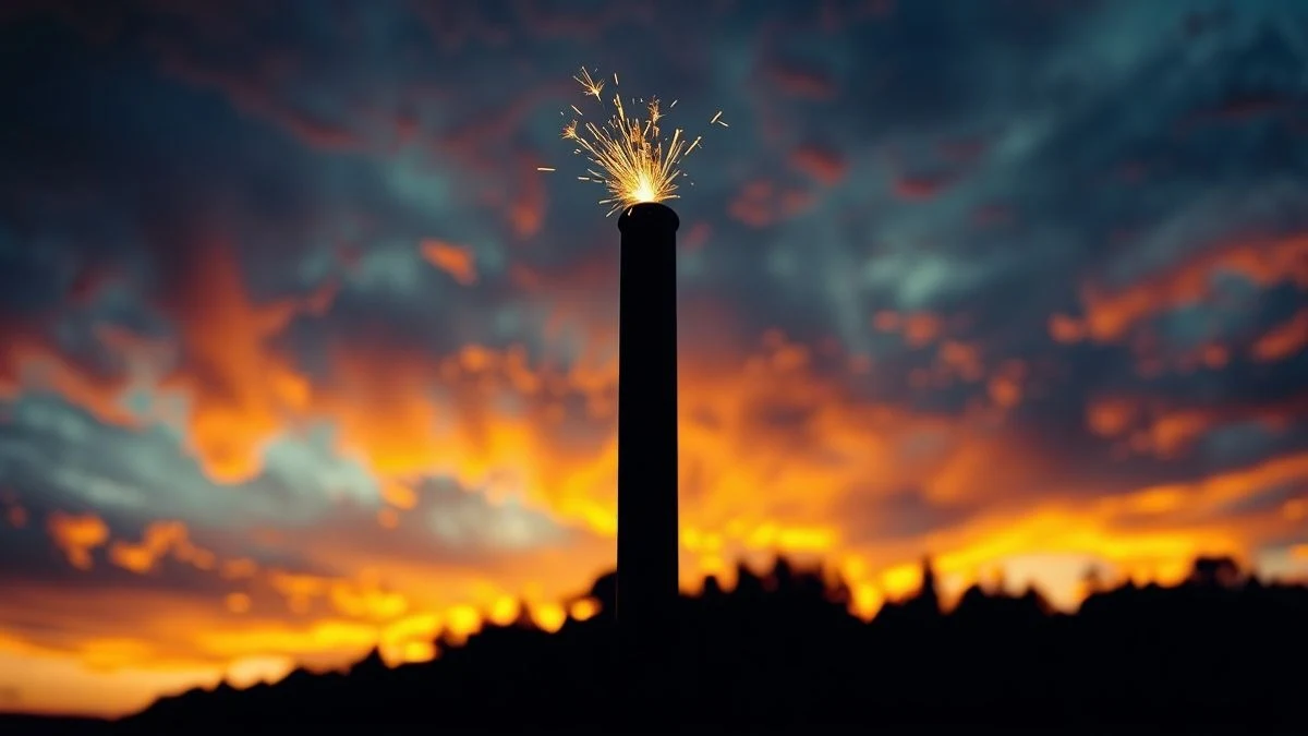 Imagen ilustrativa: un lanzador de fuegos artificiales silueteado contra un cielo anaranjado al atardecer, con un bosque al fondo.