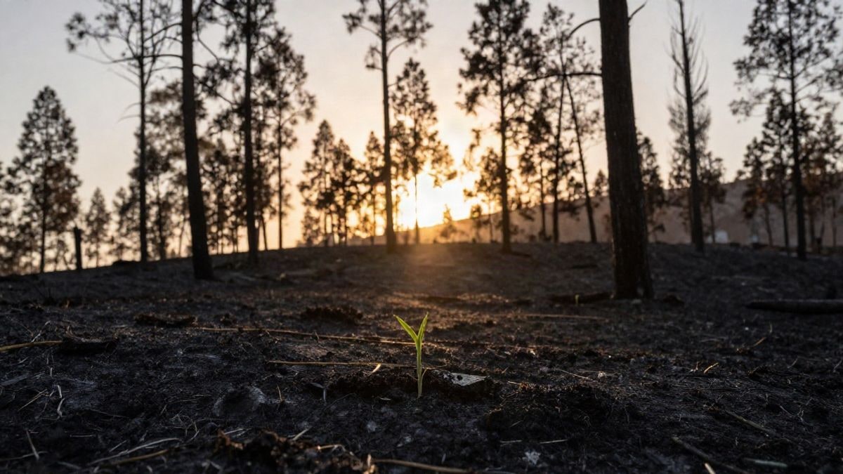 Imagen ilustrativa: siluetas de árboles calcinados a contraluz al atardecer con brotes verdes en el suelo