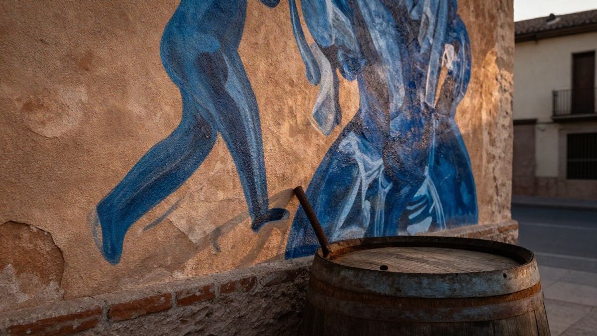 Imagen ilustrativa: detalle de un mural sobre un muro de ladrillo con pinceladas en tonos ocres y azules