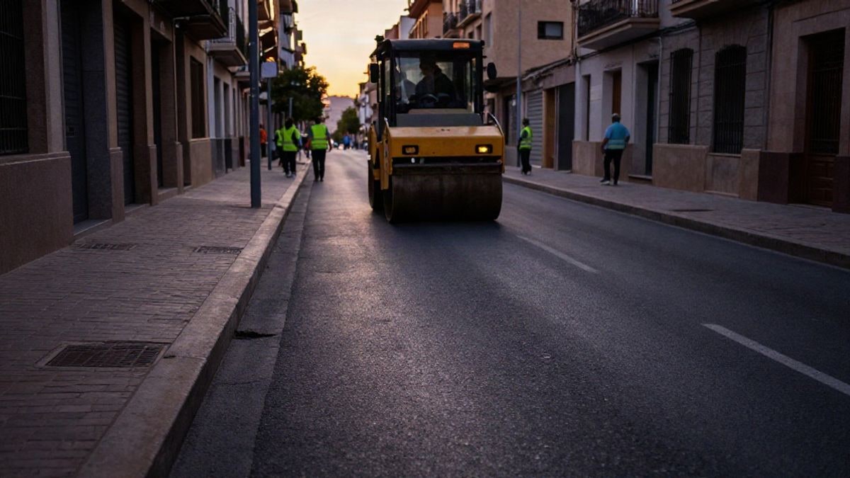 Imagen ilustrativa: calle residencial con asfalto recién extendido y una máquina compactadora al atardecer