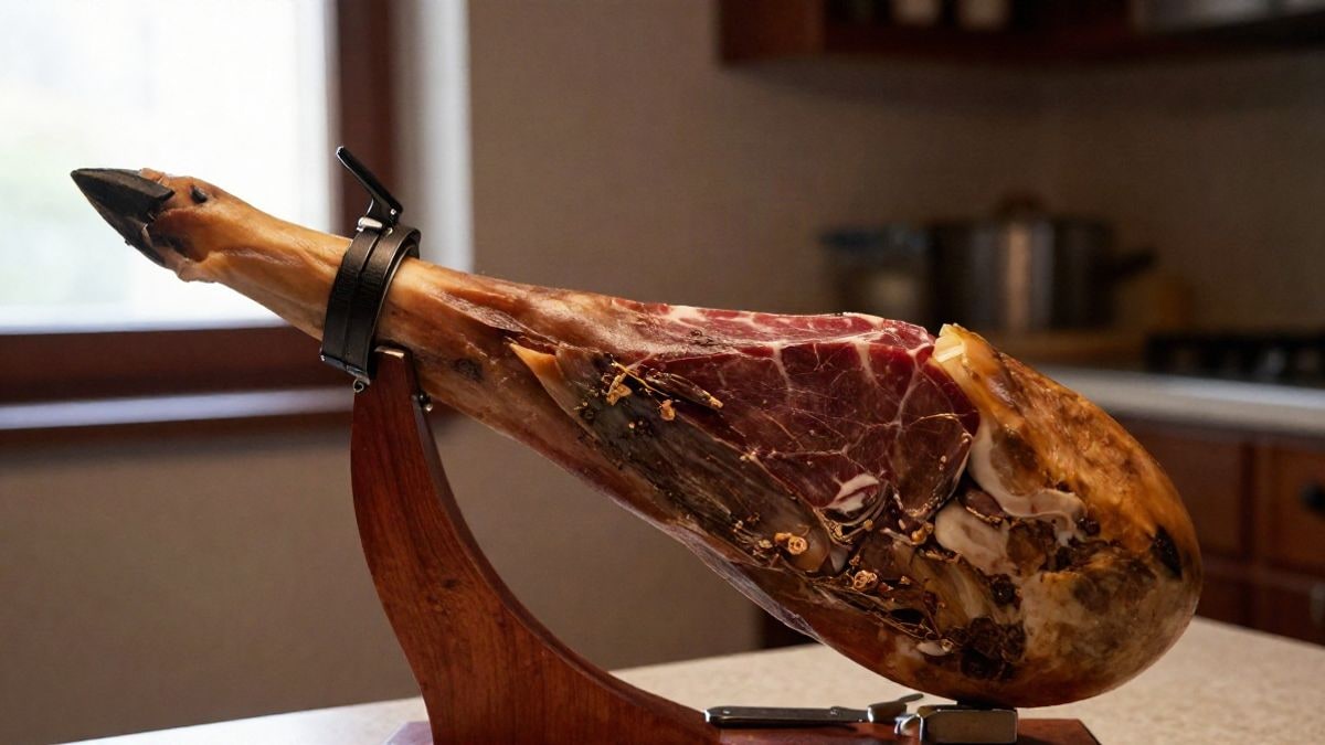 Imagen ilustrativa: primer plano de una pata de jamón ibérico curada sobre un soporte de madera