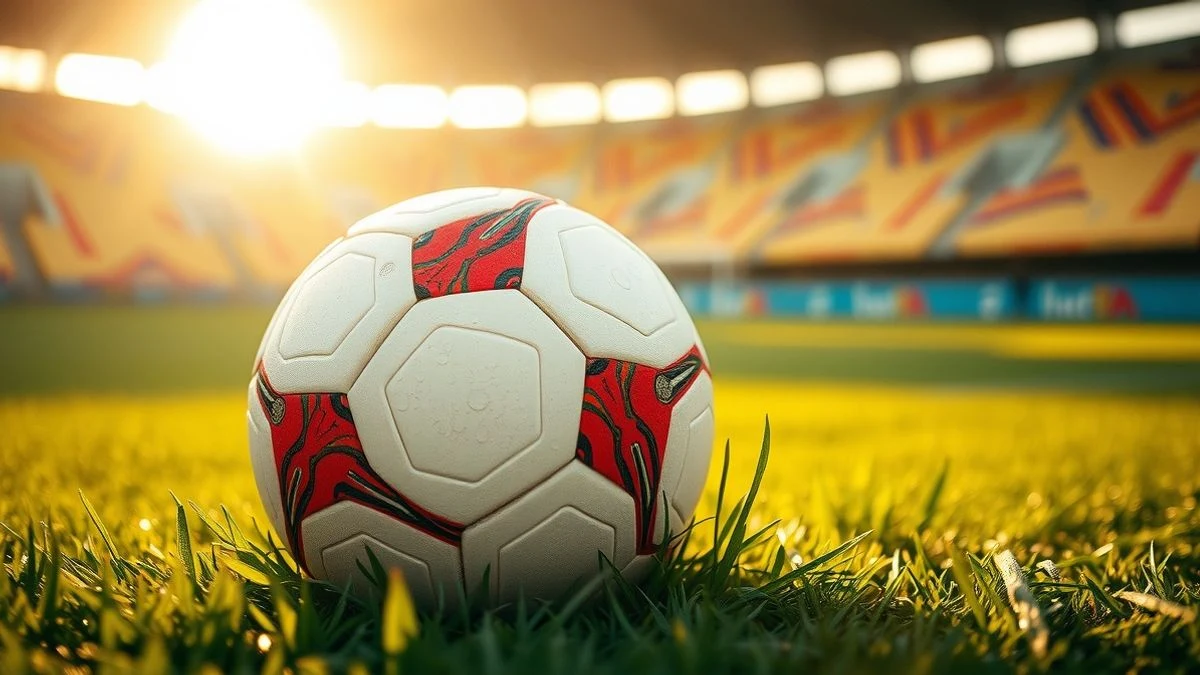 Balón de fútbol sobre el césped con luz de atardecer y un estadio al fondo desenfocado