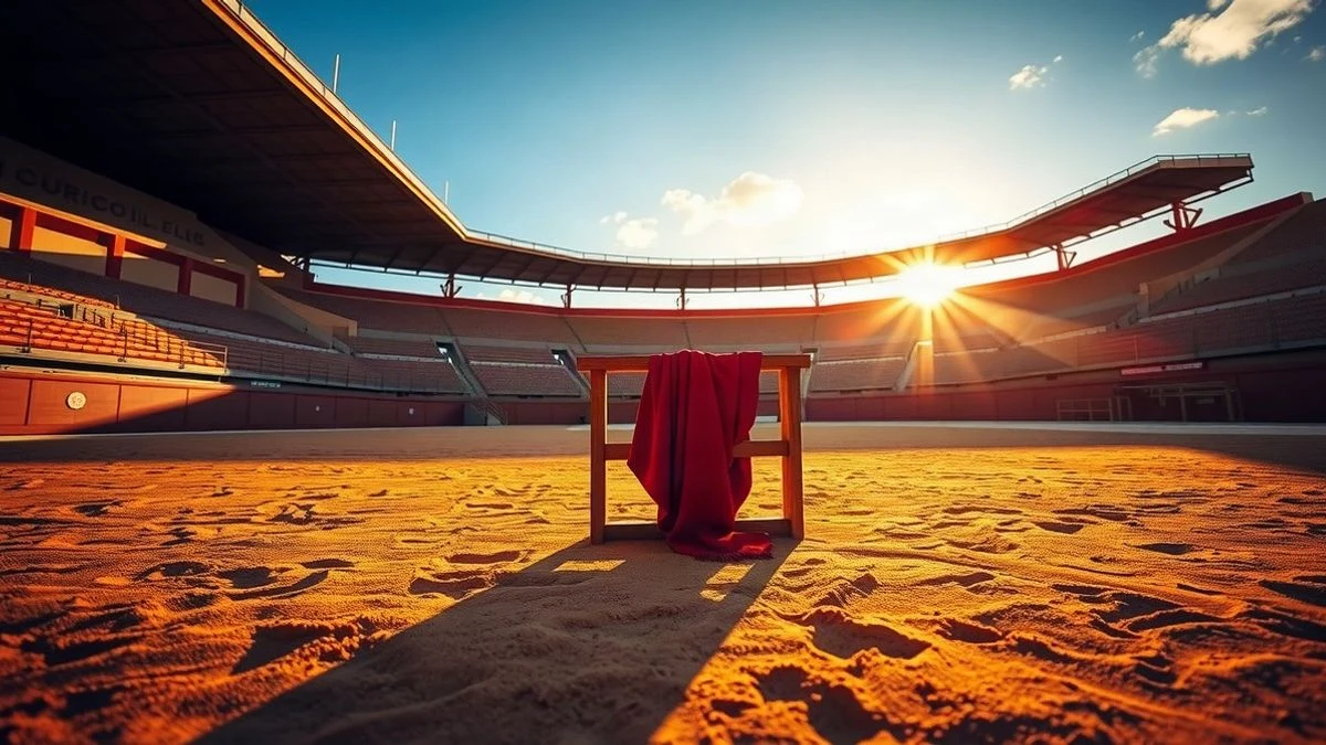 Imagen ilustrativa: un capote rojo sobre una barrera de madera en un ruedo vacío, con el cielo de fondo al atardecer