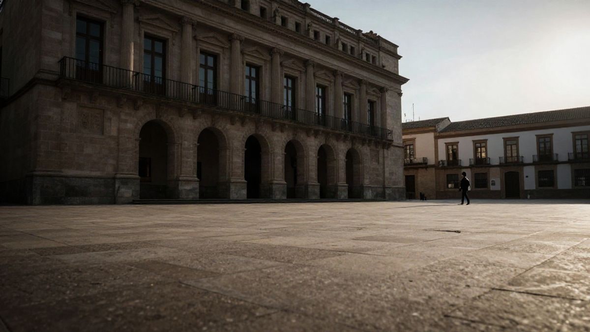 Imagen ilustrativa: fachada genérica de un edificio judicial con una plaza vacía y una figura lejana