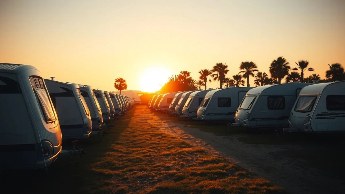 Tiendas de campaña y caravanas en un camping al atardecer, con luz dorada y sombras largas, sin personas.