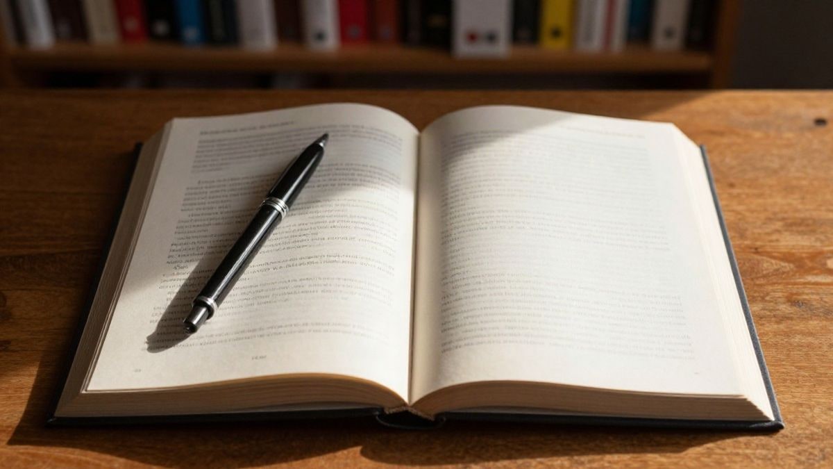 Imagen ilustrativa: vista cenital de un libro de poesía abierto sobre una mesa de madera con una pluma estilográfica