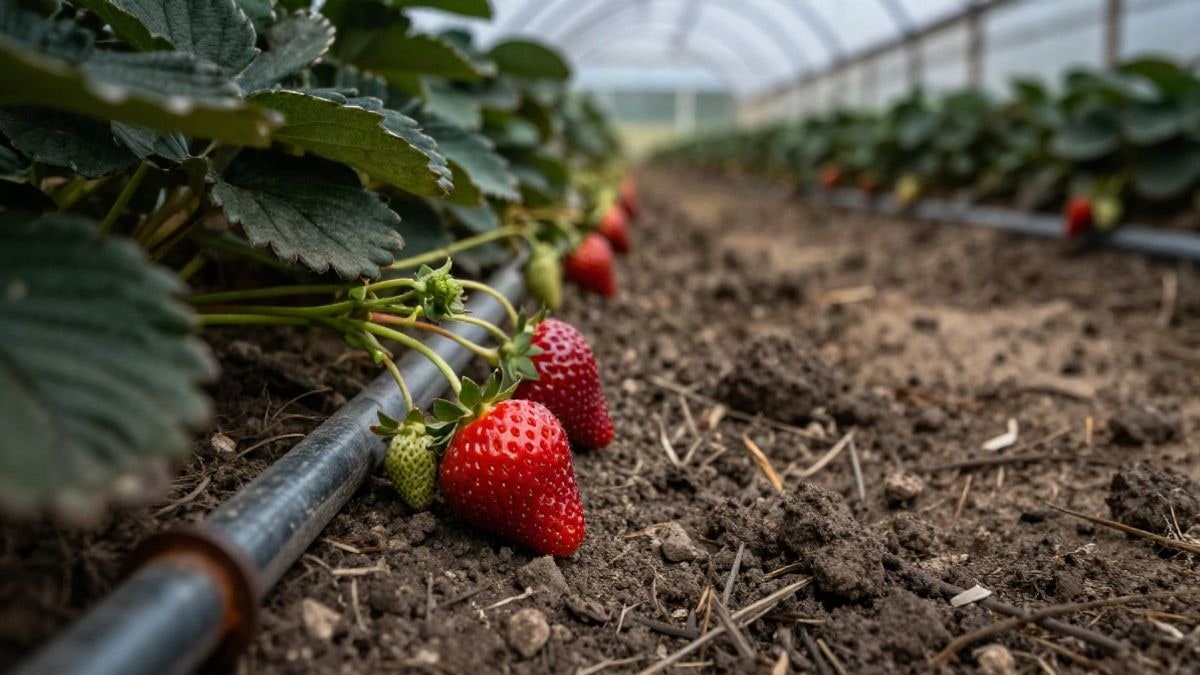 Imagen ilustrativa: fila de fresas maduras junto a una tubería de riego oxidada en un campo de cultivo al atardecer