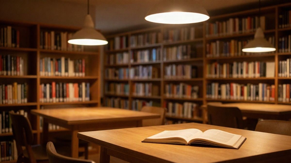Imagen ilustrativa: rincón de lectura de una biblioteca iluminado por lámparas cálidas durante la noche, con estanterías de madera y un libro abierto