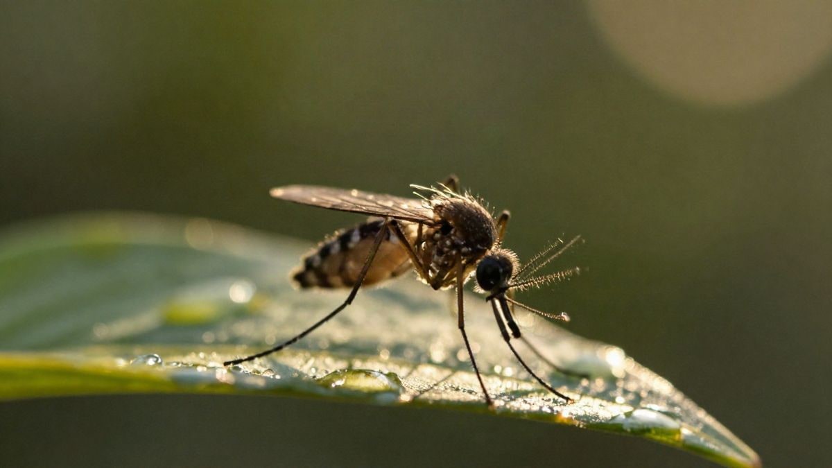 Imagen ilustrativa: un mosquito sobre una hoja con gotas de agua, al atardecer