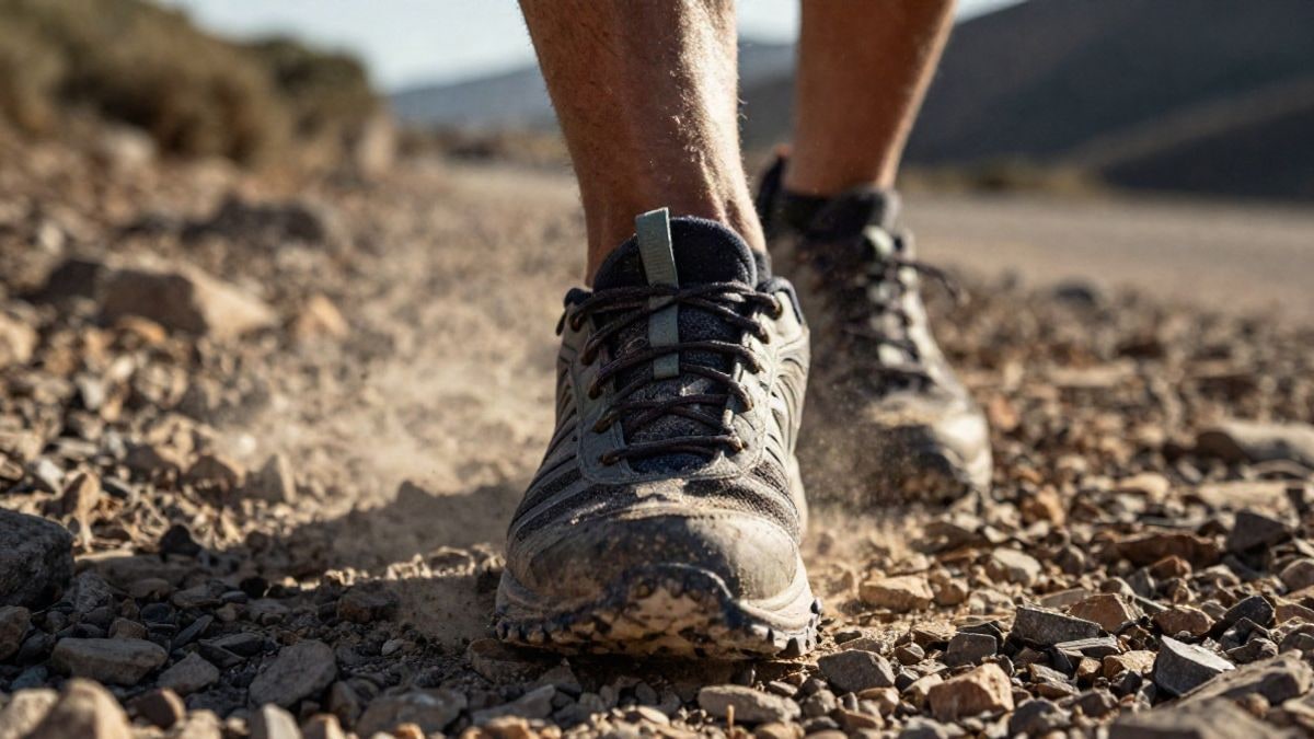 Imagen ilustrativa: primer plano de una zapatilla de trail sobre terreno pedregoso