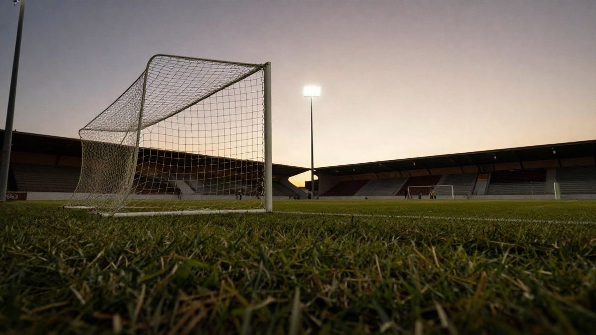 Imagen ilustrativa: portería de fútbol con la red recortada a contraluz en un campo vacío al atardecer