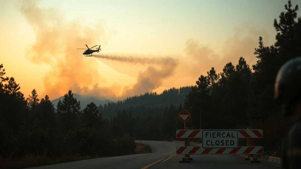 Imagen ilustrativa: incendio forestal al atardecer con helicóptero descargando agua y señal de carretera cortada en primer plano