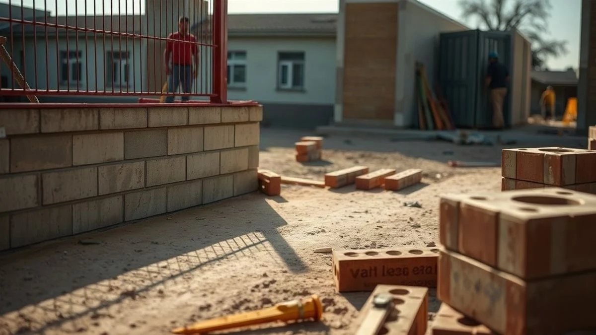 Imagen ilustrativa: obras de construcción de un muro de bloques de hormigón y vallado metálico en un recinto escolar, con luz natural y sombras largas.