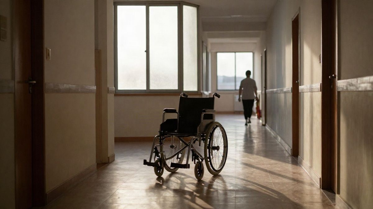 Imagen ilustrativa: un pasillo institucional vacío con una silla de ruedas junto a una ventana y una figura lejana de espaldas