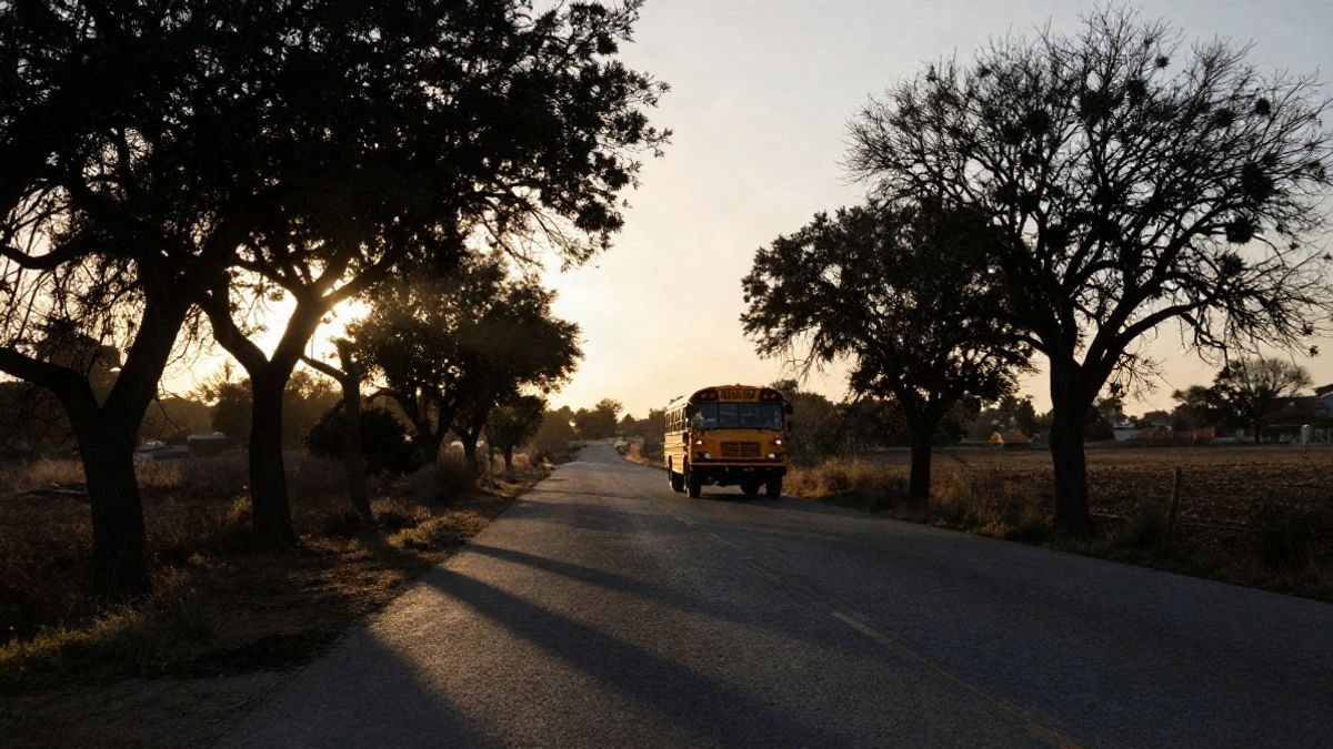 Imagen ilustrativa: una carretera rural al atardecer con un autobús escolar estacionado al fondo y sombras alargadas
