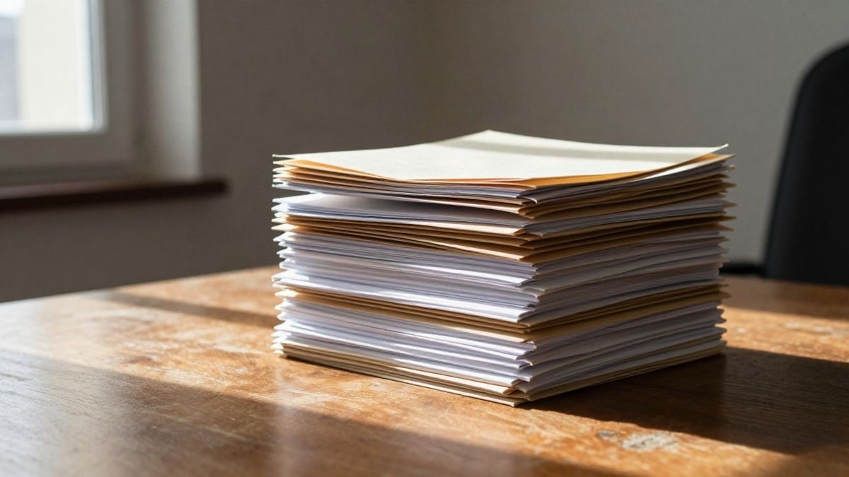 Imagen ilustrativa: carpetas de expedientes apiladas sobre una mesa de madera en una oficina vacía, con luz natural de ventana