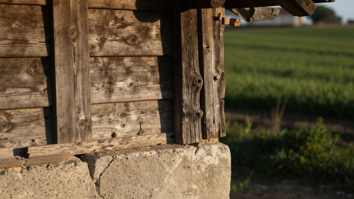 Imagen ilustrativa: detalle de madera y hormigón desgastados en una construcción rural sencilla con luz de atardecer