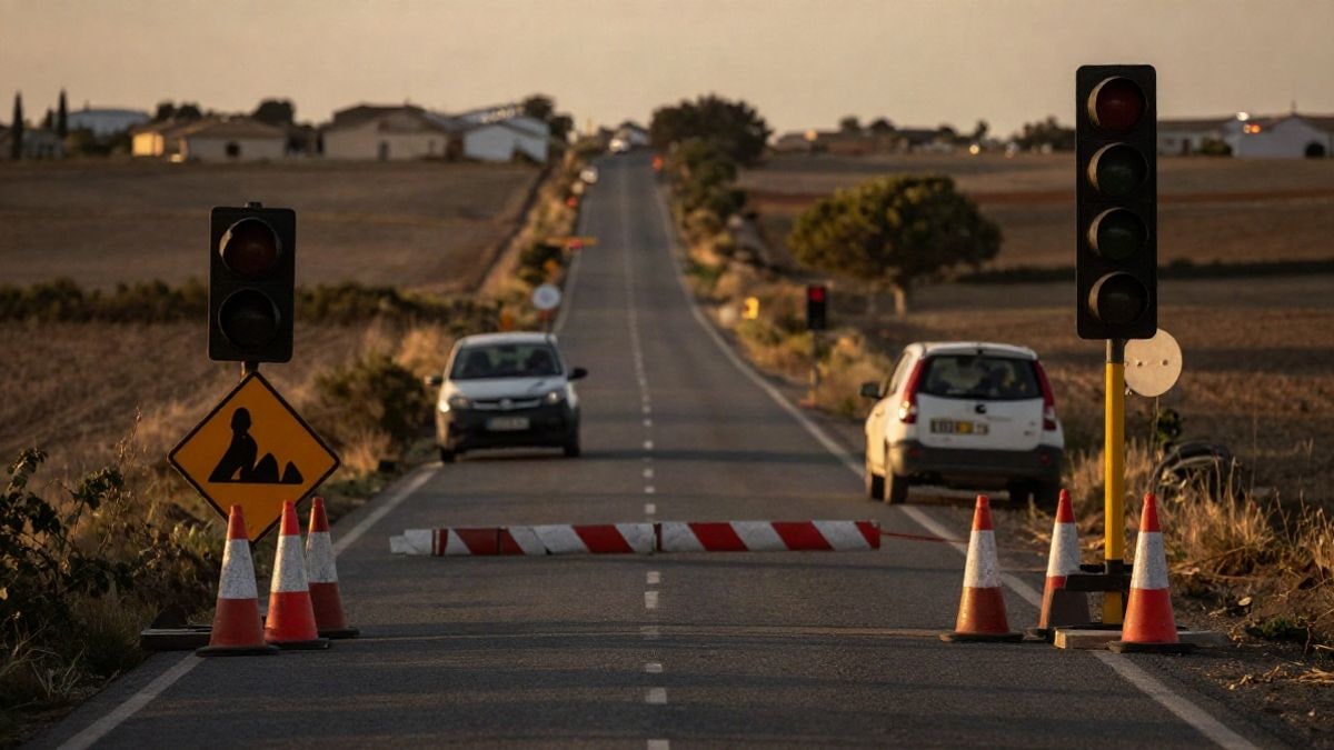 Imagen ilustrativa: carretera rural con conos y señal de obras, un carril cortado y un vehículo esperando