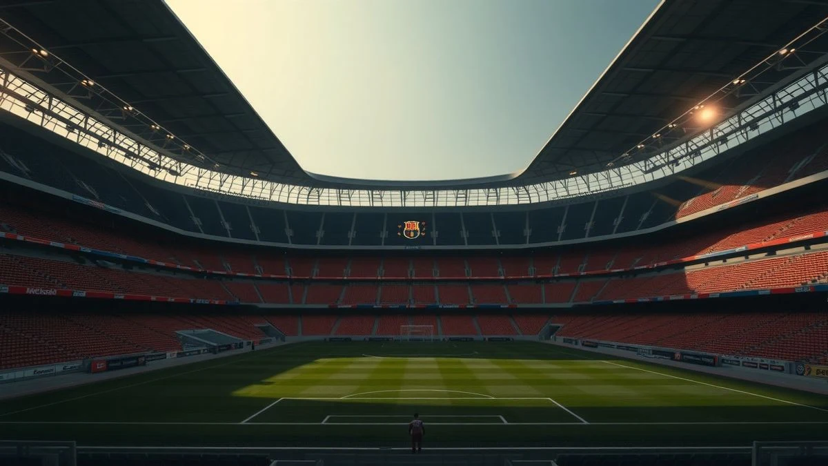 Imagen ilustrativa: un estadio de fútbol vacío con las gradas y el césped iluminados por la luz del atardecer.