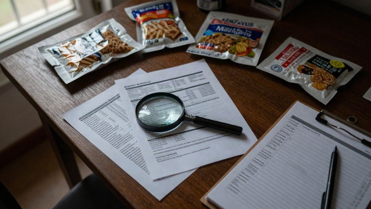 Imagen ilustrativa: vista cenital de una mesa con productos alimenticios envasados y una lupa sobre una etiqueta nutricional