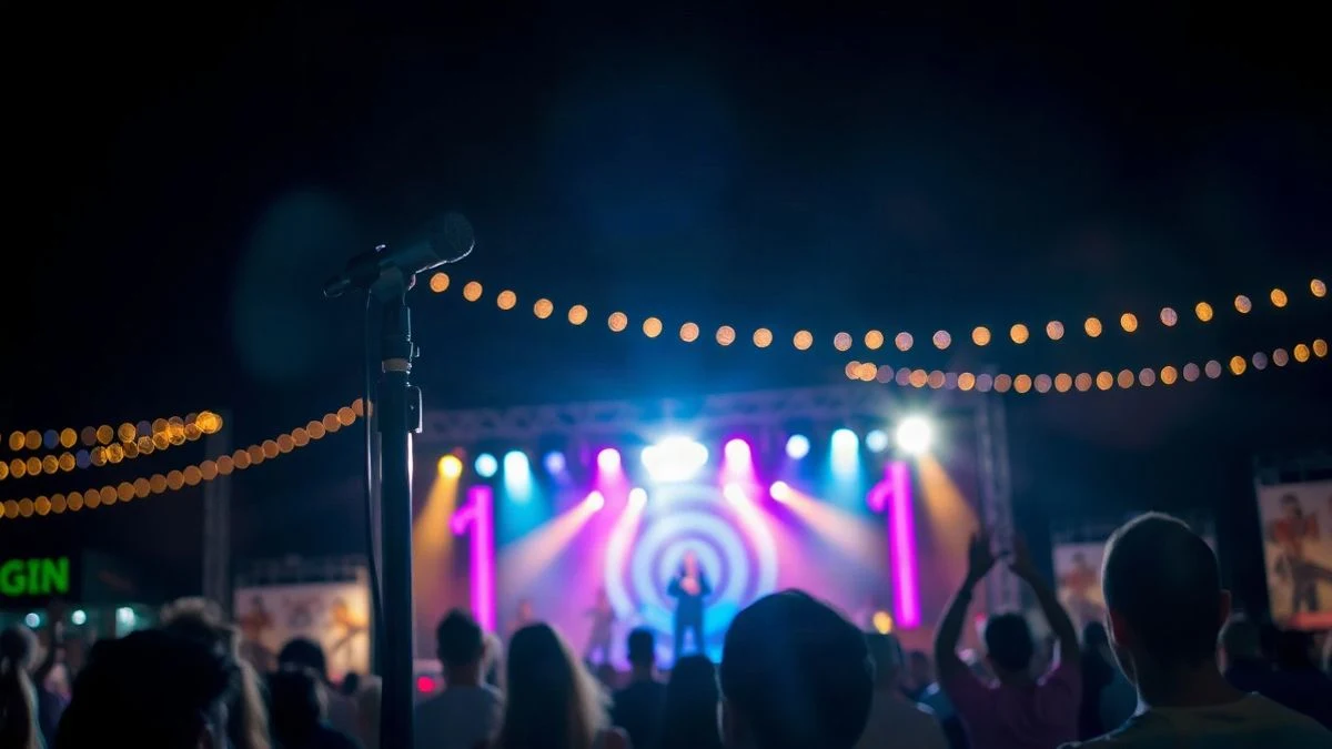 Imagen ilustrativa: escenario de concierto iluminado con focos de colores en un recinto ferial de noche