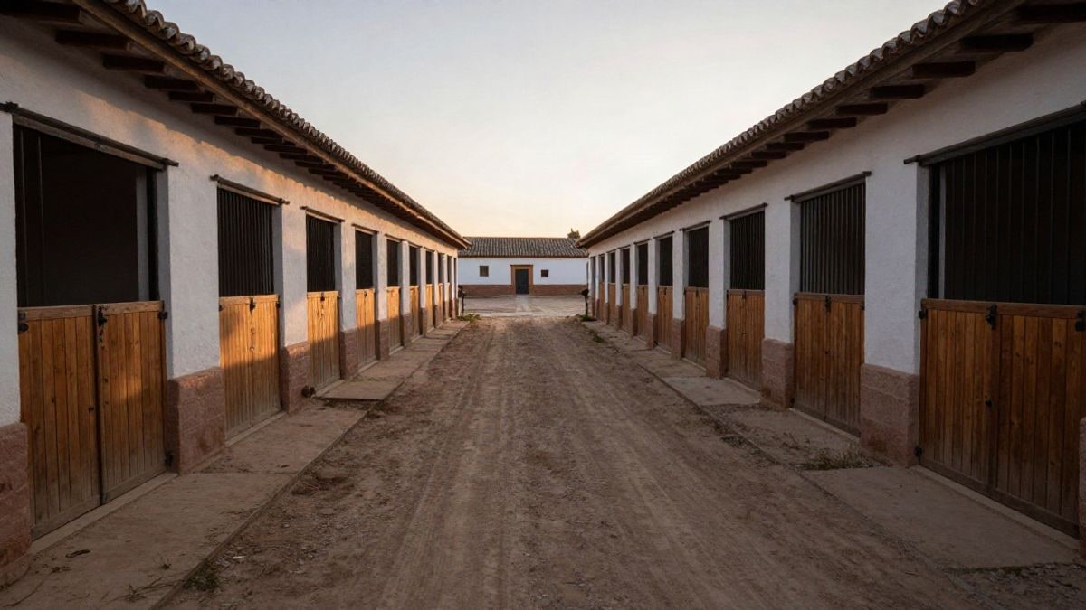 Imagen ilustrativa: pasillo largo de una cuadra rural con puertas de madera al atardecer