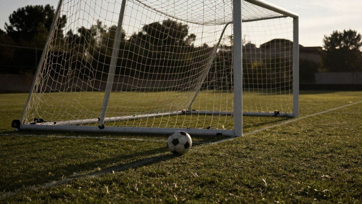Imagen ilustrativa: portería de fútbol con red blanca y un balón sobre la hierba al atardecer