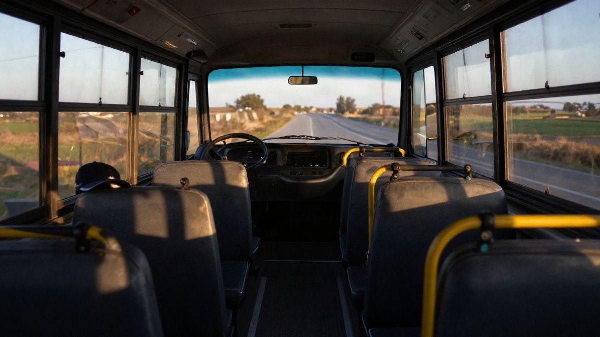 Imagen ilustrativa: interior de un autobús escolar vacío con luz lateral entrando por las ventanillas