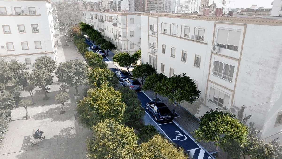 Imagen ilustrativa: vista cenital de una calle residencial con obras de reurbanización, con nuevo pavimento y zonas verdes.