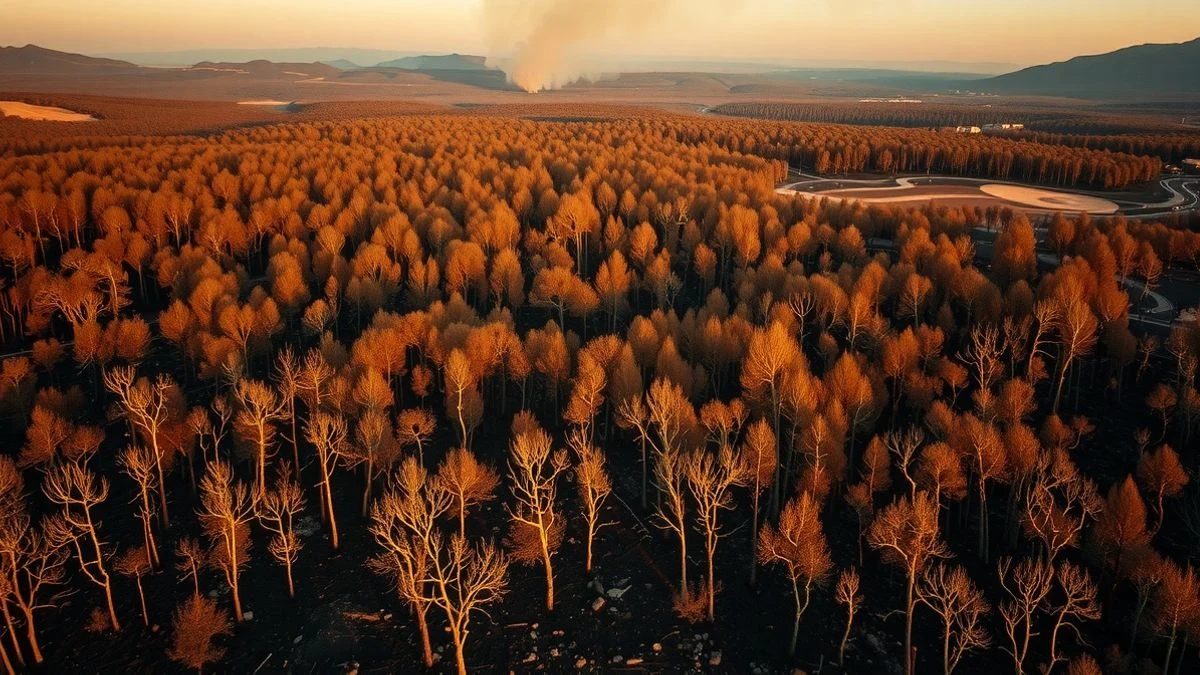 Imagen ilustrativa: vista aérea de un paisaje forestal quemado con árboles calcinados y humo al fondo