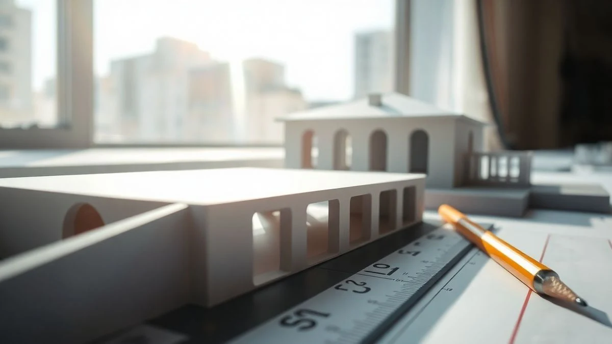 Imagen ilustrativa: plano macro de planos de arquitectura y herramientas de dibujo sobre una mesa iluminada por luz natural.