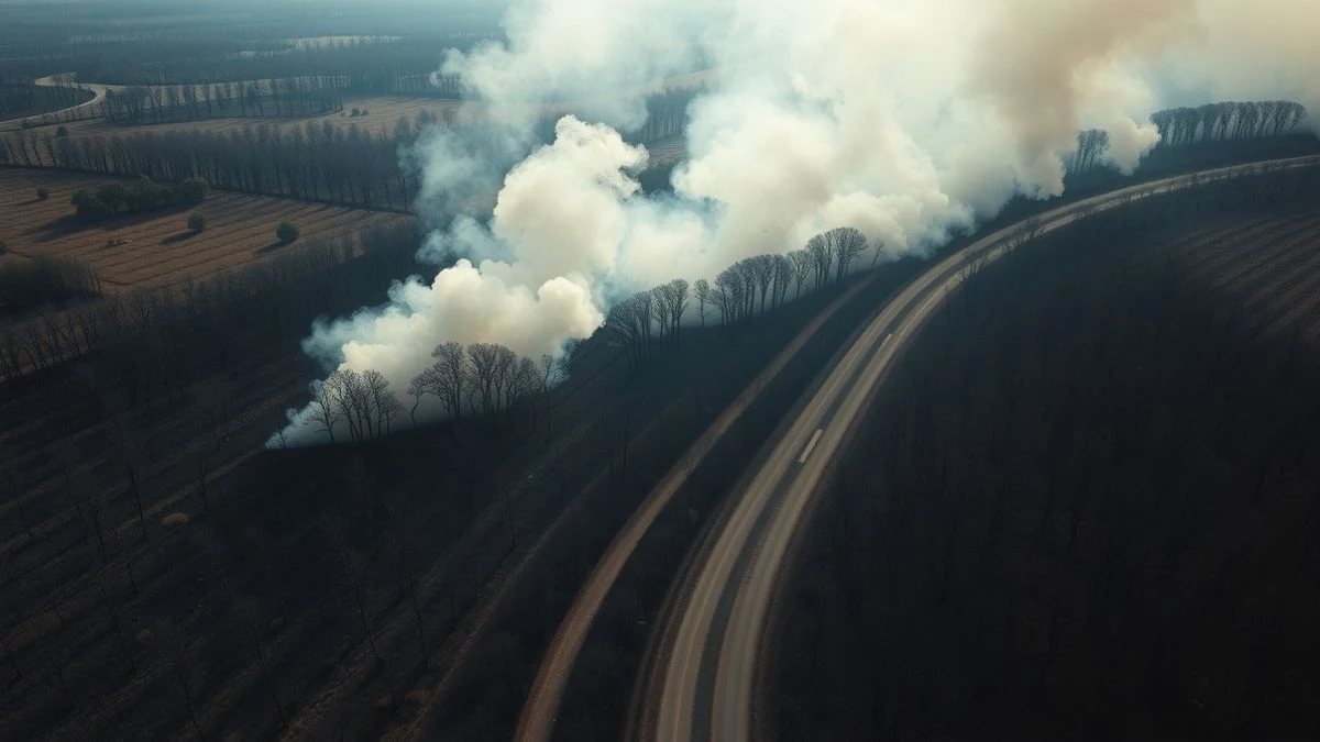 Imagen ilustrativa: vista aérea de un terreno forestal quemado con árboles calcinados y columnas de humo, al atardecer.