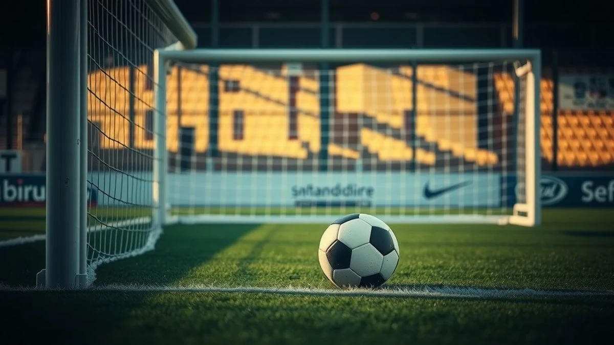 Imagen ilustrativa: un balón de fútbol sobre el césped junto a una portería con red, al atardecer, con luz dramática.