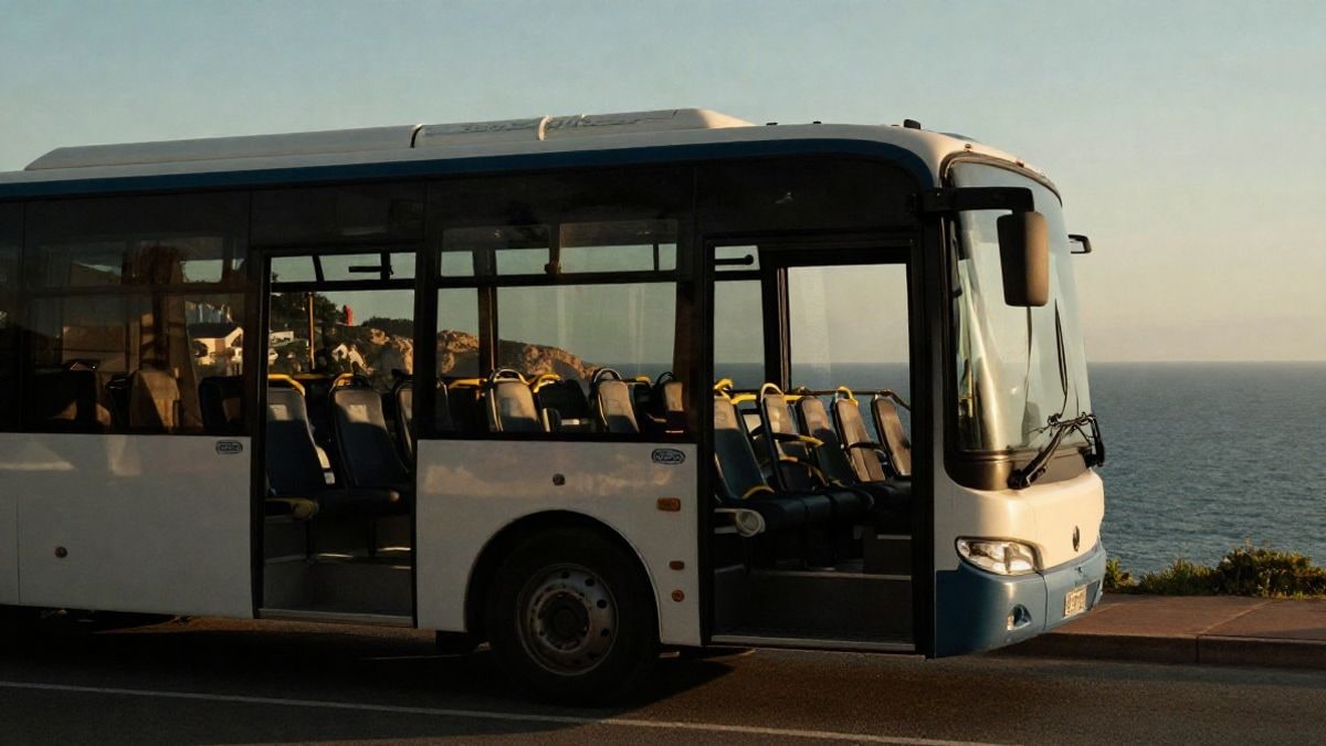 Imagen ilustrativa: autobús interurbano estacionado en un mirador costero al atardecer