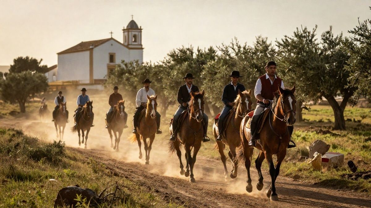Imagen ilustrativa: comitiva de jinetes a caballo por un sendero de dehesa andaluza al atardecer.